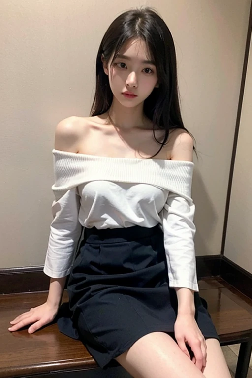korean woman, seating on toilet, showing hip, thick thigh, urinating, public toilet, pull down panties, best quality, 4k, ponytail hair, smoking, 18years old, pale skin, off shoulder shirt, neckless
