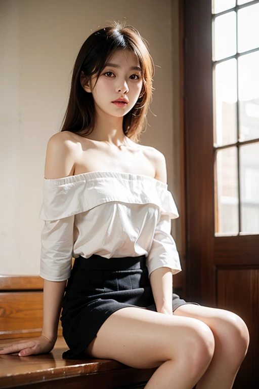 Cinematography with anamorphic lenses、Photorealsitic、 girl with, a beauty girl,((Matte skin))、The wind is blowing、Well-formed face、Shapely、((hi-school girl))、(((No pants)))、14years、8Head and body、a small face、A slender、Very skinny、skinny、tiny chest,Ribs、discreet breasts、Smaller chest、small tits、beauty legs、Constricted waist、dented belly、Model body type、Beautiful shiny hair、Backgrounds that look like real photos、(((NSFW)))、(Thigh strap for only one leg)、Happy face、Book cover、Artistic silhouette、sideways Facing、Sit with your knees、cafe terrace