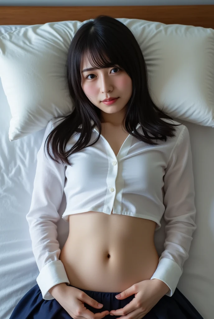 Japanese、Beauty、24-years-old、Completely naked、Open-front linen shirt、panties、(Wink:1.2)、round face、flat chest、plump body、sleepy look、bedroom、Slightly open legs、With bangs、straight hair、