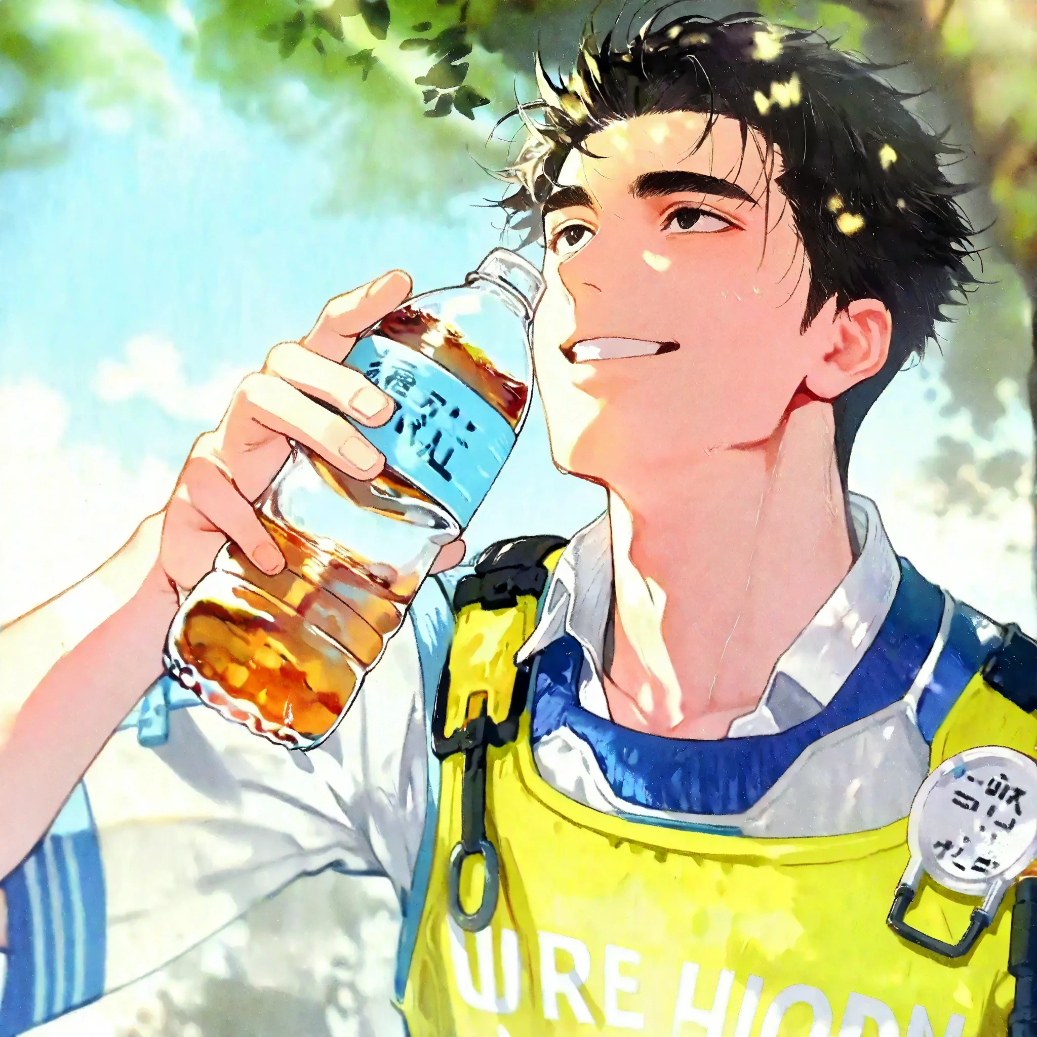 1man, japanese male traffic control worker, 30 years old, messy medium-length black hair with spiky ends, refreshing face, relaxing and resting, handsome man with delicate, beautiful white teeth, understated features, thick eyebrows, black eyes, relieved expression, safety vest, work uniform, holding a chilled tea bottle with condensation near his chest, looking up, from below, radial composition, vanishing point in the sky, sunlight filters through the trees, dappled light and shadows, bright blue summer sky, soft breeze, emotional atmosphere, realistic style, cinematic lighting, shallow depth of field, masterpiece, ultra-detailed, 8k, high contrast, very bright, very sharp, very dynamic colors, medium colorfulness, average colors
