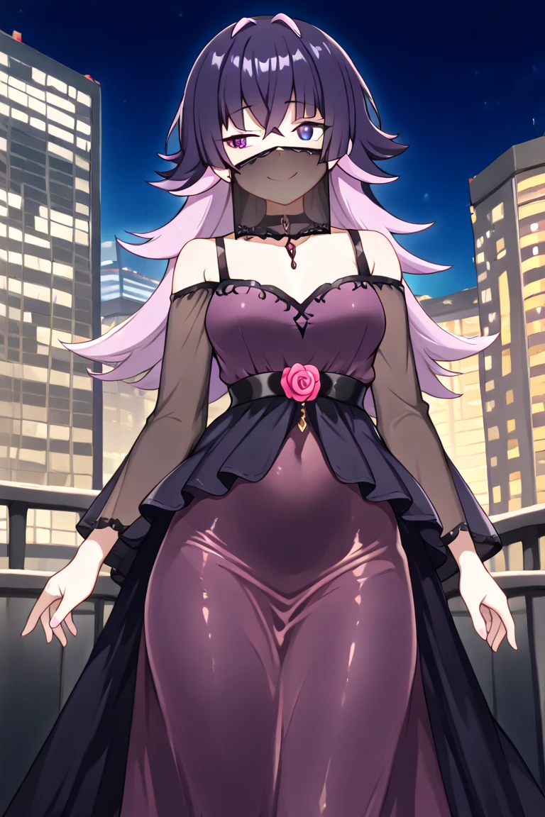 (masterpiece:1.2, Highest quality),(Anime Style),Visible from the knees to the head,city,Square,night, 20-year-old woman,Villain,smile,Red Eyes,Dark purple hair,Forehead is visible,Ears are covered by hair,Long Hair,Breasts bigger than face,Saggy breasts,Black rose hair ornament,Round neck,Black tight slit dress,Black garter belt,Black Stockings,Highly revealing