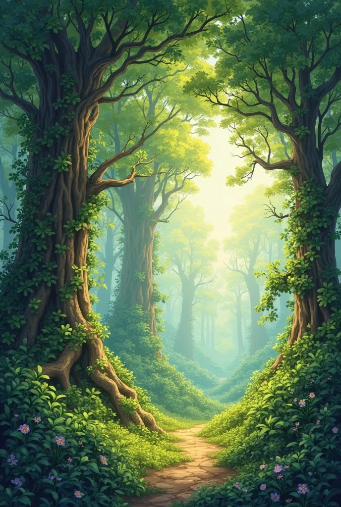 A deep, lush green forest with tall trees, sunlight peeking through the ...