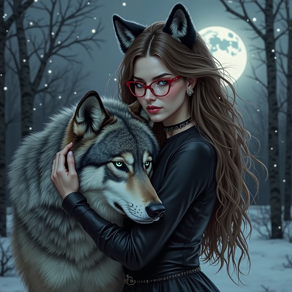 black dog,heterochromia,wolf fur,shiny fur,cat Woman,suspenders,Glasses,putters,friendly smile,leal pose,moonlit night background,dark and mysterious,moonlight shining on the characters,strong bond between the dog and the cat Woman,imposing werewolf appearance,Energetic and playful,Soft and fluffy texture,Contrast between darkness and light,Enchanted forest setting,fascinating eyes,Emotional connection between characters,majestic presence of the werewolf,dynamic poses,true company,detailed facial features,expressive eyes,curious and naughty cat,dark color palette with pops of vibrant colors,fierce but loving attitude of the werewolf,wonder and magic in the atmosphere,mysterious atmosphere,storybook scene,subtle but powerful intentions conveyed through the message,Best Quality,4k,High resolution,photorealistic,ultra detailed,Realistic lighting, vibrant colors.