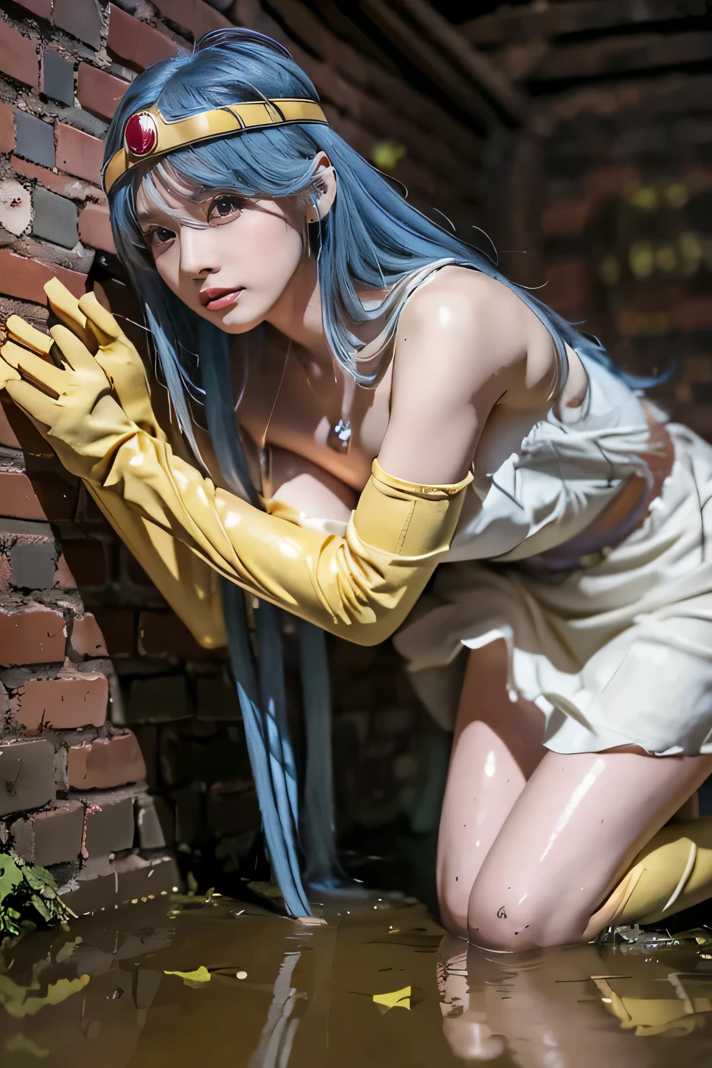 highest quality、8K、masterpiece、true concentration、((broken brick narrow tunnel、dark smelly sewer、filth is scattered、The sewers are full of feces and urine、a lot of garbage、最も汚い地下トンネルはbeautiful girlたちで覆われている、constricted waist、delicate face、dark dirty blue hair、dirty look、sad expression、sad expression、Sadness covered in filth、that&#39;It&#39;s sad to get dirty)、((My long and beautiful legs are dirty、lie face down on the filth、girl with a beautiful butt、beautiful girl&#39;I use both hands to scoop up mud-covered hair..、Sadness lying in dirty sewage))、(((I want to smear filth all over my body.、ditch full of filth、muddy)))masterpiece、dirty girl、detailed eye、puffy eyes、highest quality, 超High resolution, (realisticity: 1.4), movie lighting、(超realistic)、(High resolution)、(8K)、(very detailed)、(美しくdetailed eye)、(Super detailed細)、 detailed face、bright lighting、professional lighting、diagonally forward、blue hair、dirty candid photos, (8K, RAW photo, highest quality), (realistic, photo-realistic:1.37),1 girl,highest quality, Super detailed,  live-action version、Sage attacked by multiple men_(DQ3), 1 girl, (holding staff, staff:1.3),  long hair, blue hair, circlet, red eyes, normal breast, yellow gloves, white dress, belt bag, cape, knee high boots, cleavage, bare shoulders, I don&#39;t have a cane