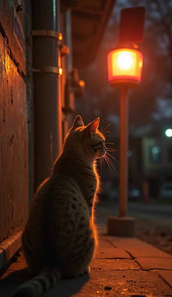 masterpiece, highest quality, approaching perfection, (perfect photo:1.1), (high detail:1.1), midnight, night, street lights, sidewalks, Jakarta cit, quiet, no human, small cat