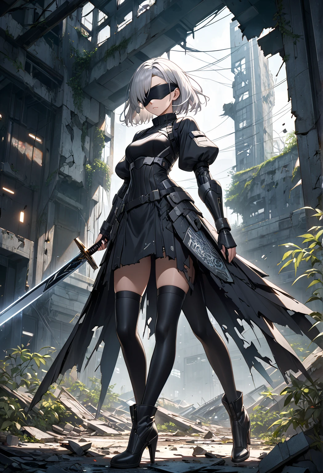 ((one-eyed blindfold)), holy paladin, scythe, dark Heavy armor, absurdres, RAW photo, extremely delicate and beautiful, masterpiece, Best Quality, ultra high resolution, 32k, hyperrealistic, ultra-detailed, detailed description, pale skin, 20 years old, tearful mole, earring, Colossal tits, short medium hair, wavy hair, evil grin, whole body shot,
