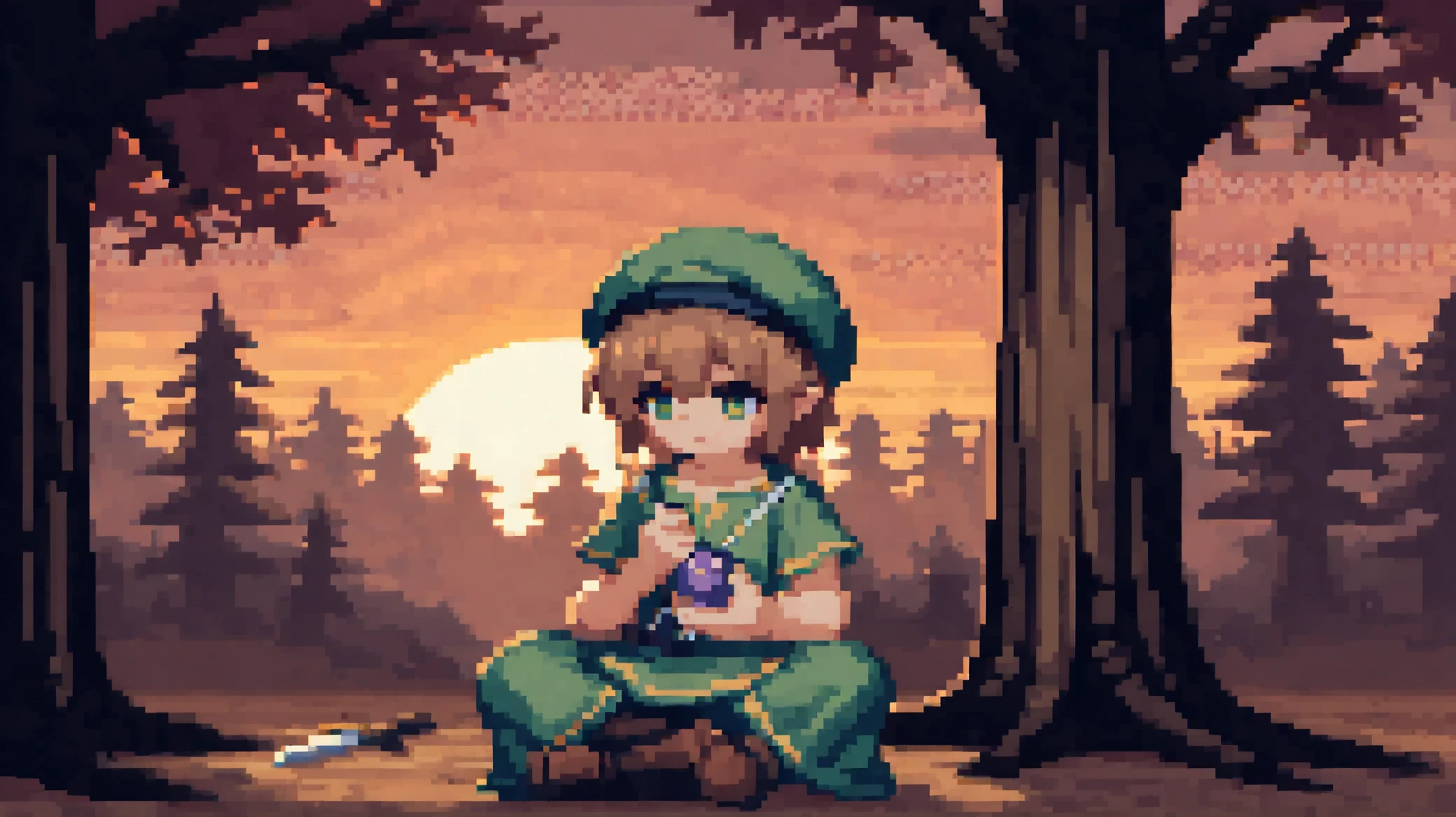 A pixel art scene of a young fantasy warrior sitting peacefully under a large tree at sunset, wearing a green tunic and pointed hat, a small sword beside him, with an ocarina on the ground nearby, soft lighting, nostalgic game-style, 16-bit pixel detail, calm forest atmosphere
