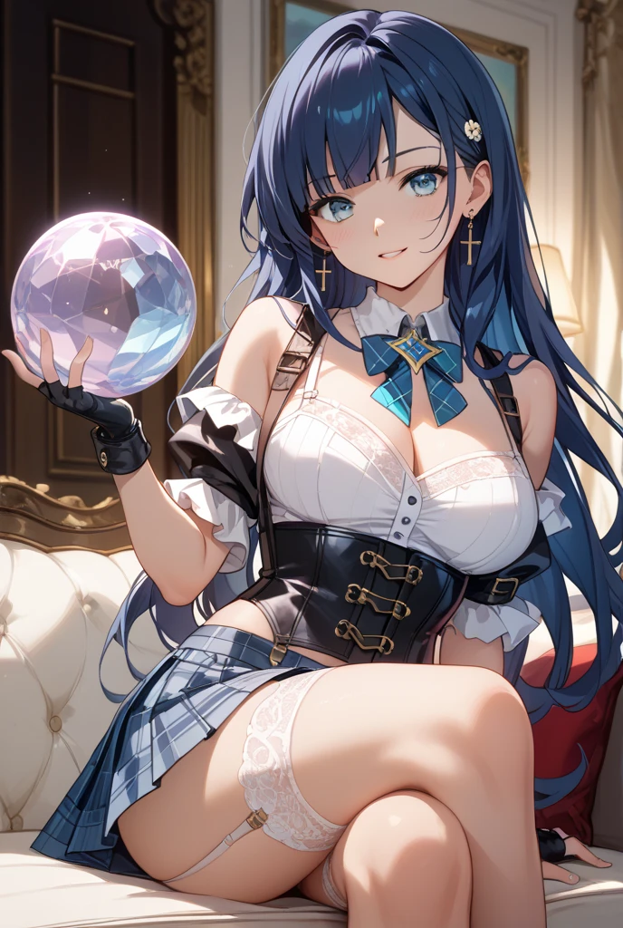 "Girl, 23 years old, cute and mysterious, sitting with big eyes, a well-proportioned figure, golden hair. The background features a mystical tarot card, with a mirrored floor. There's a crystal ball, a magic wand, and it's cute and realistic, available in 8k high definition." --auto --s2