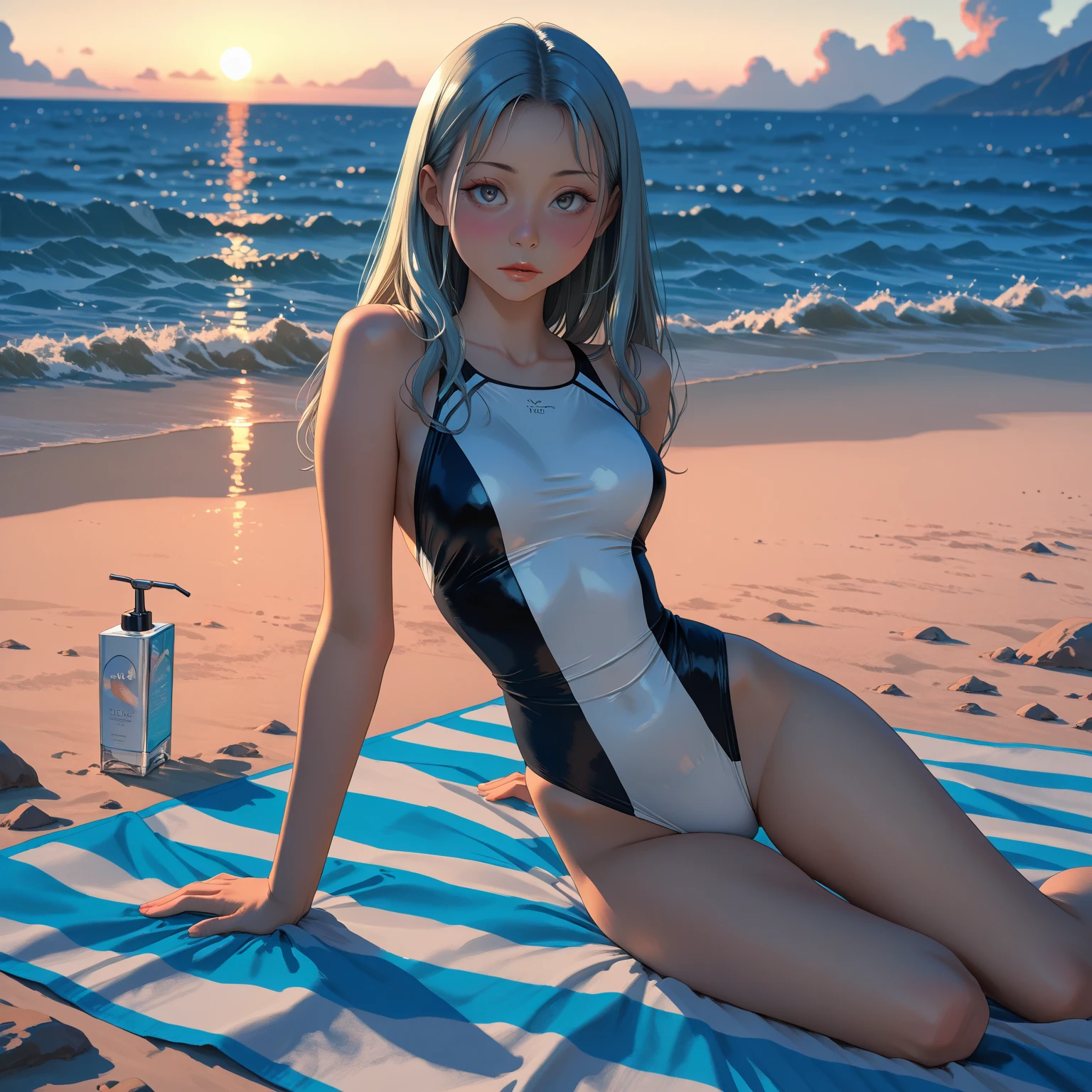 1girl, solo, elegant hair (full body: 1.1), (side at the viewer: 1.1),Piped Splice Wide Strap One Piece Swimsuit , filmg , sweet_lolita, Best quality, masterpiece, blond hair, blue eyes, Exquisite mouth,Very detailed face, blush, Shiny wet skin, Pink lips, Delicate lips, beach background, lying down on the sand
