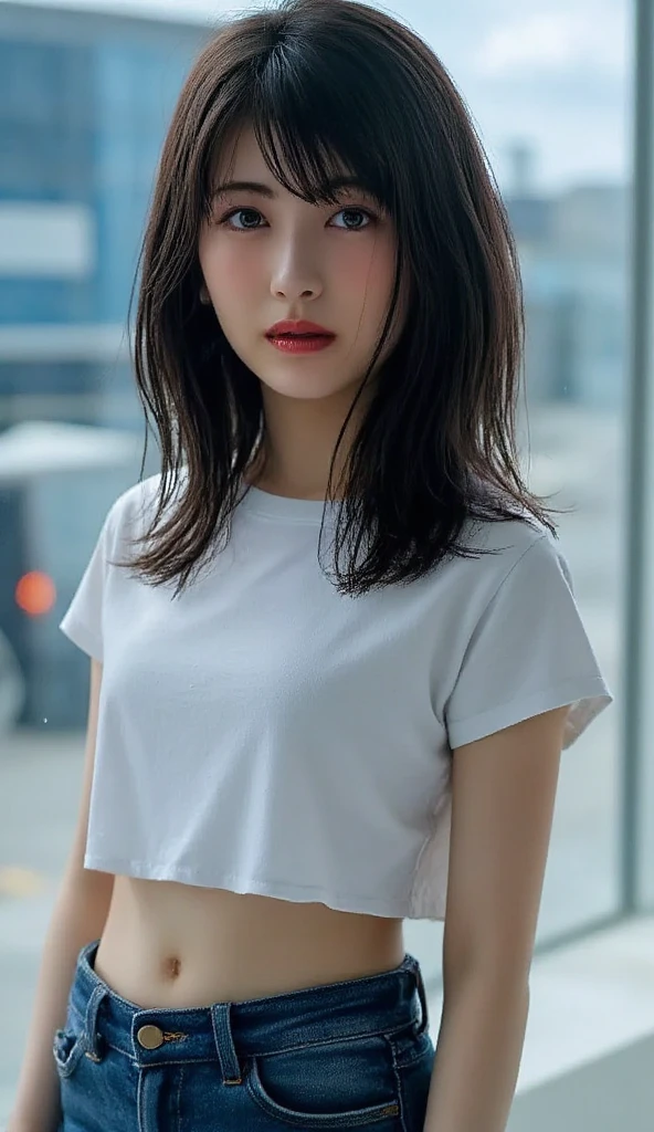 masterpiece, top-quality, 1 beautiful girl, a white cap, (Detailed beautiful eyes), ((Detailed skin)) , ((Detailed medium dark blue hair)), A beautiful girl white tank top and white short jeans, photo RAW, Camera angle behind, CG rendering, Blurred background, deep shadow, 16K, bokered, Very detailed, wallpaper, depth of field, movie light,, Ray tracing.