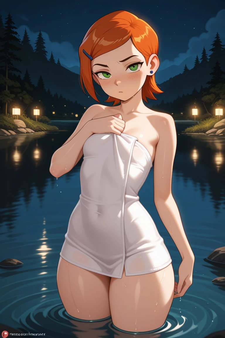 Anime style. She is a warrior. Her hair are very short. A young woman with very short, bob cut, slightly wavy red hair and captivating purple eyes, depicted in a detailed anime style. She has a slim, athletic build and an alluring, slightly shy expression. She has no dress and fully naked and very erotic. Only paper tape can hide her breast. She stands in a suggestive pose. She has strong athletic body with six pack. She stands in the water