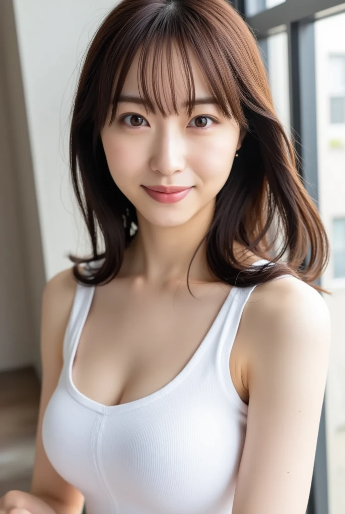 1girl, 25years old woman, (perfectly detailed face), (((Tank tops))), Small breasts, medium breasts, large breasts, cute face, beautiful face, ((looking at viewer)), Simple Background, ((white background)), ((white wallpaper)), White skin, (bright lighting:1.2), perfect lighting, smile, light smile, photorealistic, (bokeh), UHD, anatomically correct, highres, masterpiece