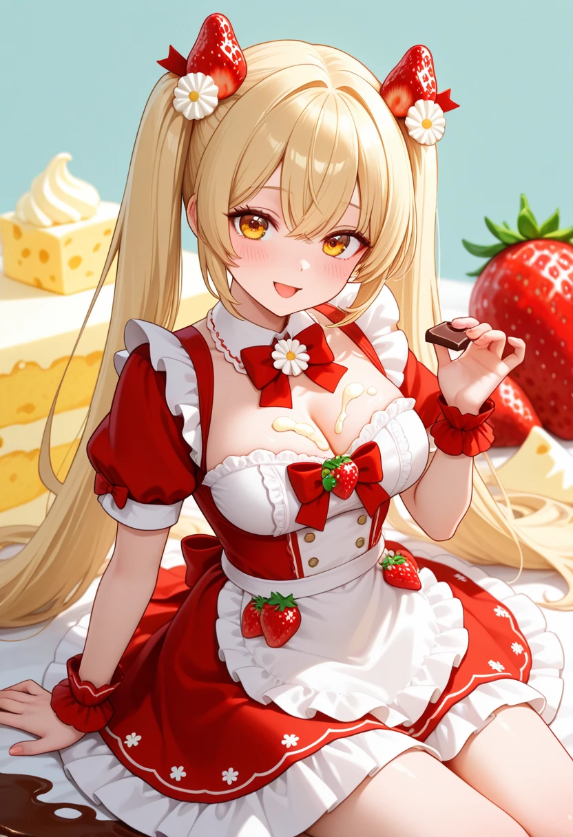 Sitting on strawberries, sitting, fusion of pannie skirt and strawberry, fusion of nipple seal and strawberry cross-section, complex and colorful effect on background, strawberry floating, large strawberry in the background, mechanical strawberry in the background, natural luminescence, small breasts, female brat, thick eyebrows, thin waist, pigtails, beautiful blonde, braid, rabbit ears, (masterpiece), ((highest quality)), (super detailed), girl, clean and detailed face, Five fingers, textile shading, perfect human body structure, perfect anatomy,
