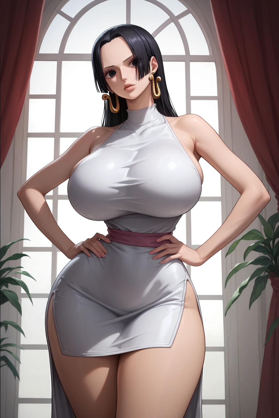beautiful tall milf with asymmetric neck-length hair cut standing in the doorway, blocking the doorway, blocking exit, thick hair, triangular breasts