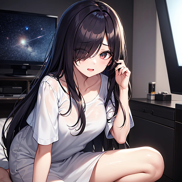 Sexy and cute woman, woman in love, black hair braided, very seductive and soft eyes, blushing hard, pink lips parted, seductive smile, long neck, collarbone, medium chest, cleavage, off shoulder t shirt, bare shoulders