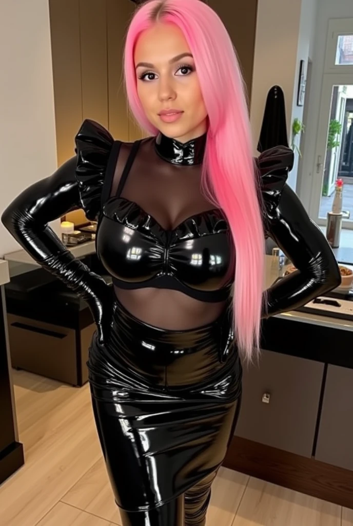 a woman in a latex dress sitting on a window sill, by Eve Ryder, reddit, blonde hair and large eyes, 🤤 girl portrait, hot pink, ready for a meeting, 4 8 0 p, full glossy lips, in a dress, hourglass figure, wearing a cute top, gif, crimson, wrapped in leather straps, portrait sophie mudd, immaculate detail