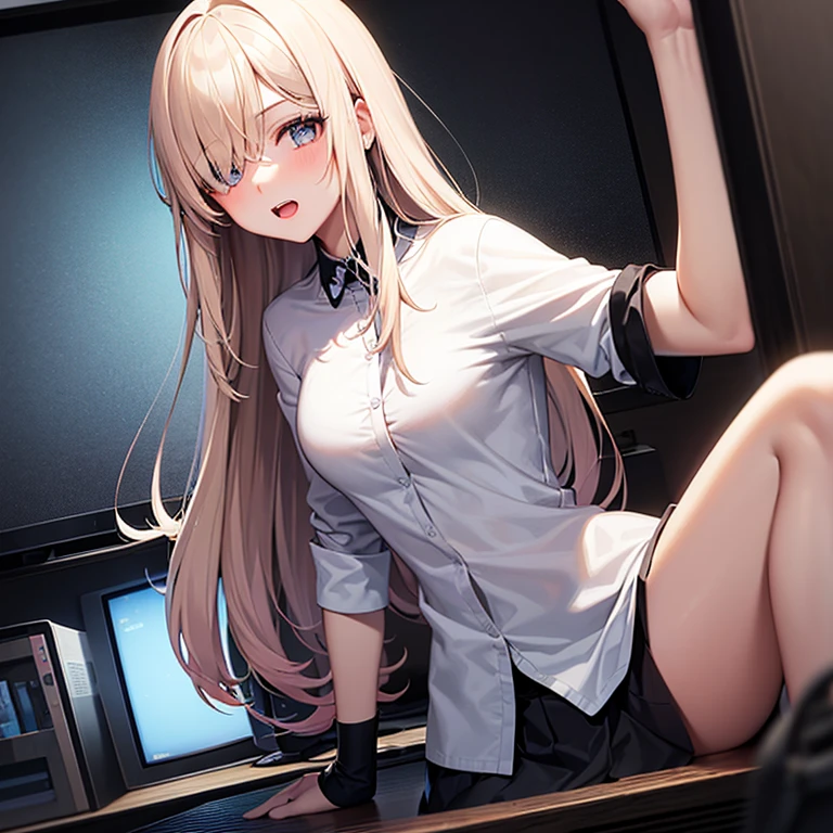 "1 girl, incredibly detailed 8k computer graphics, perfect model, mesmerizing idol, Stunning face, unearthly beauty, virgin white hair, ring braids, Charming Blue Eyes, White shirt, pleated gray skirt,  brown tights, lean on the table  , whole body, legs spread, pussy visible, thong mesh, unbutton your shirt, bare chest, Background room, maximally depraved
