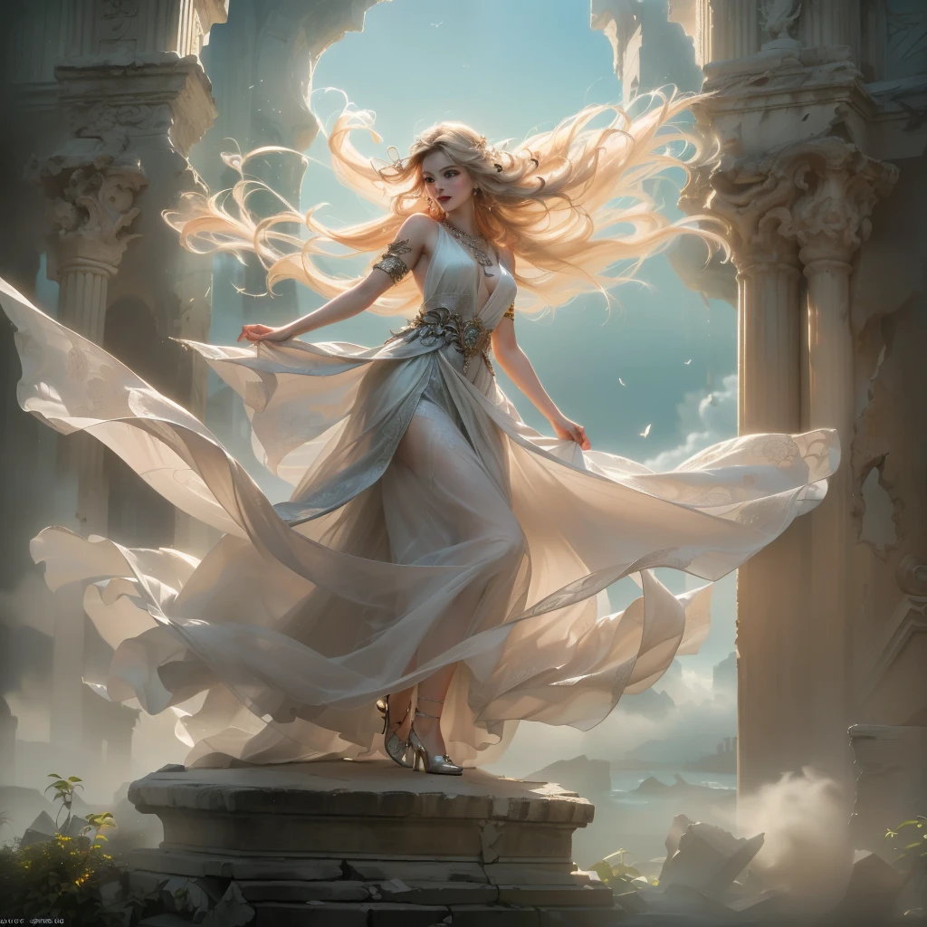 (full medium shot) of (Arabian princess supermodel) young woman, platinum hair, wavy hair, violet eyes, curvaceous, pale skin, her face is similar to Ana de Armas, wearing silk chiffon dress with gold leaf details, flowing skirt, bejeweled bodice, crystal tiara, ornate sandals, gold filigree crown with cascading pearls, startled, mouth open, running towards the viewer, set in a sacred tomb, a hidden chamber deep in the ruins, ornate sarcophagi, intricate hieroglyphics, the air charged with history, the promise of untold riches and secrets, at night, masterpiece, top quality, photorealistic, stunning quality, very aesthetic, extremely detailed face