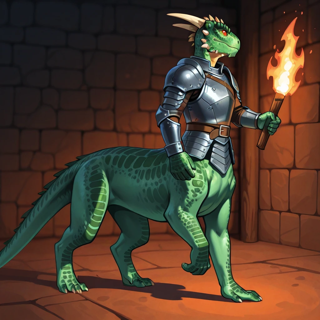 Male argonian taur walking, in dungeon, taur, wearing steel armor ...