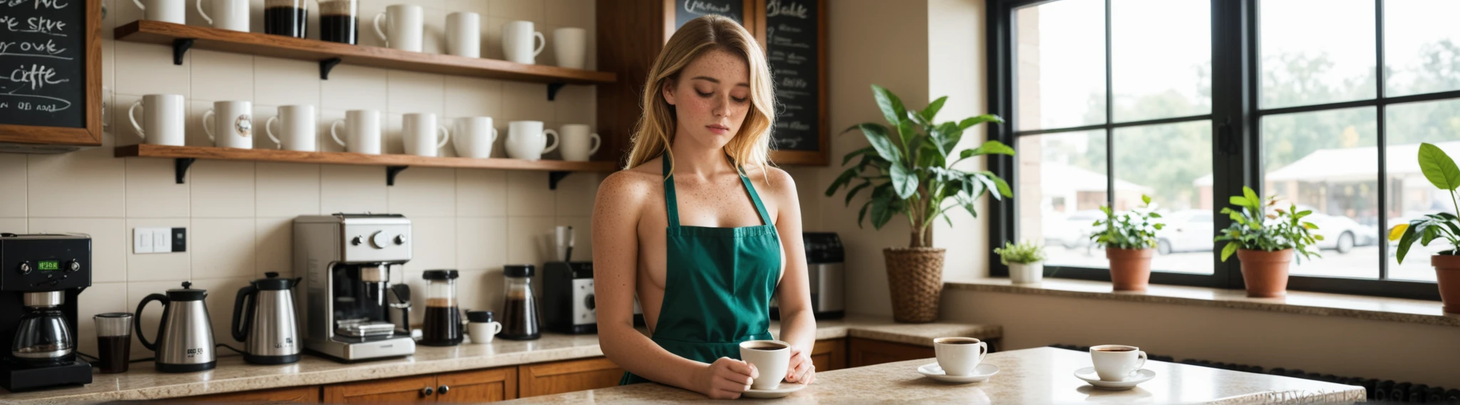 50 years old, woman, (masterpiece, best quality, hires, high resolution:1.2), extremely detailed, realistic, 1girl, green hair, messy hair, short hair, thick thighs, wide hips, shy, blush, looking at viewer, indoors, barista, coffee shop, green apron, naked apron, black shirt, no pants, ass view, ass support, from behind, looking back, looking at viewer, counter, coffee machine, light smile, cinematic lighting, low angle, no pants, Fujifilm XT3 professional photograph, best quality, detailed