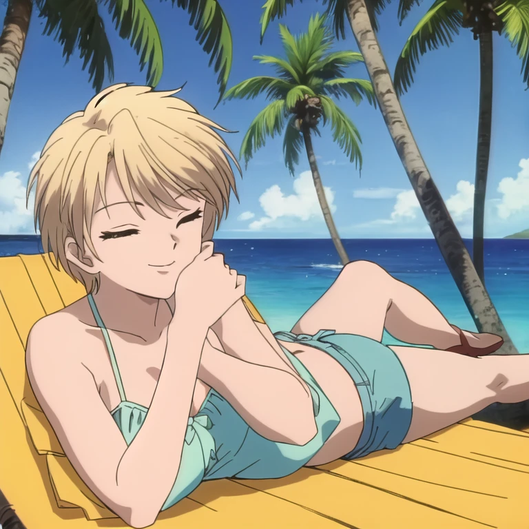 a completely naked woman is relaxing on the beach