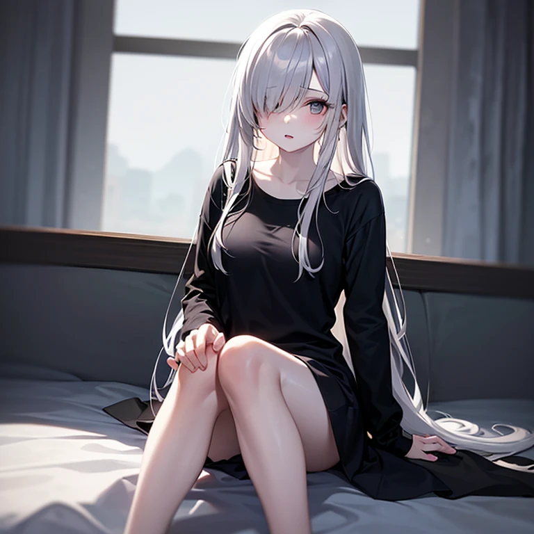 The singer Billie Eillish when she was 16 years old, she have long white hair and blue eyes and she is know for never smile, she wear an oversize sweat and a white short, She is alone in her room on her bed, she is young