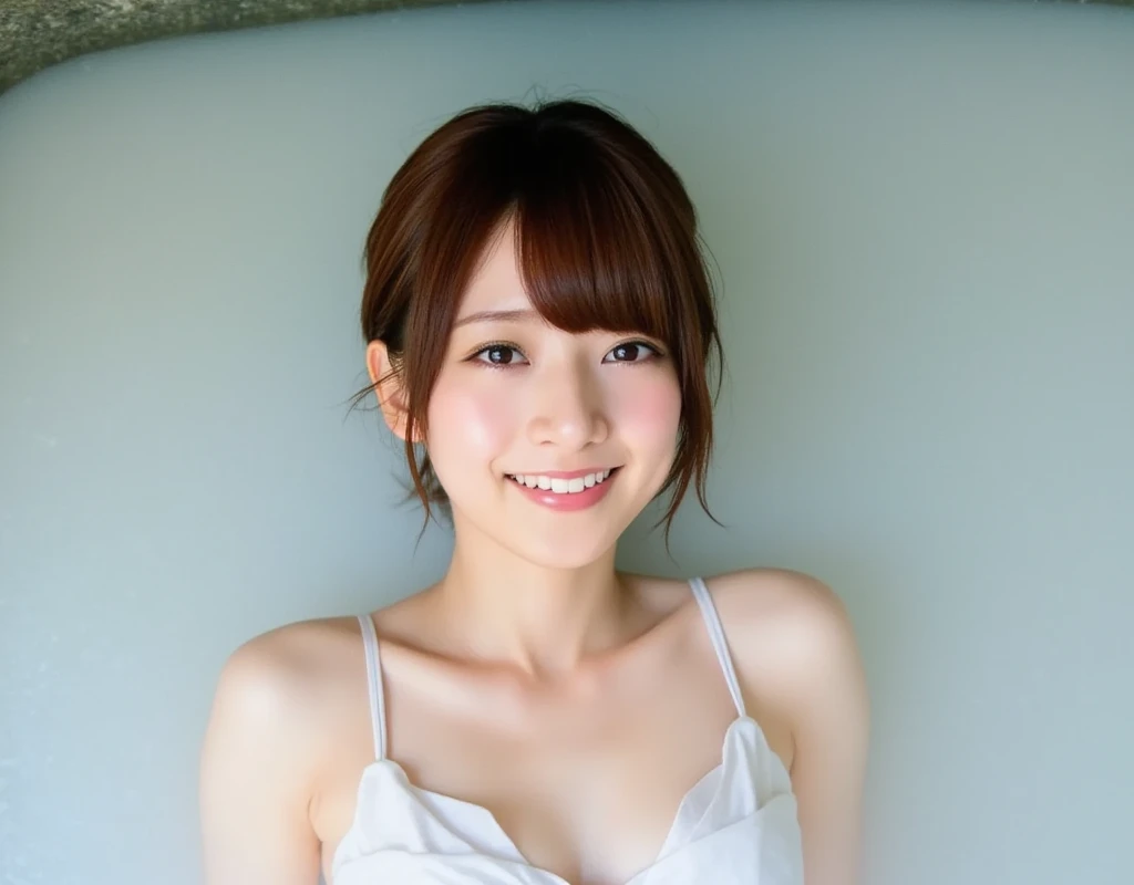 masterpiece,best quality,(Japanese girl),((Beautiful girl)),cleavage,(off shoulder:1.2),(perfect body beauty:1.2),(shy smile),from above