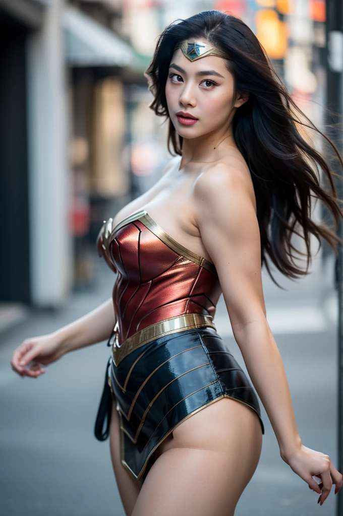 beautiful detail, best quality, 8k, highly detailed face and skin texture, high resolution, long hair huge tits japanese wonder woman in city at night, looking at viewer, sharp focus