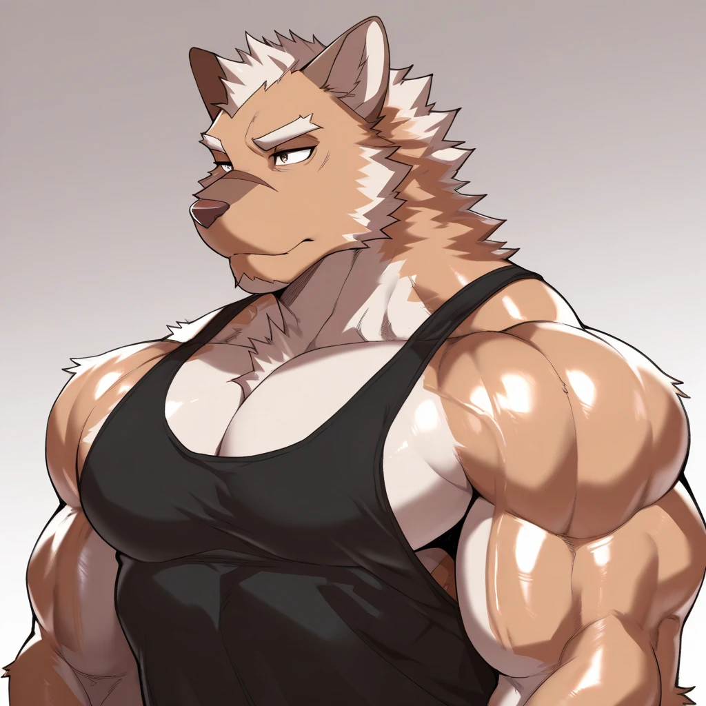 solo, 1boy, Huge Muscular Old Grizzly Bear Daddy wearing glasses , pectoral, huge pectoral, wide pectoral, short white hair, black gym short pants, gloves with no fingers and wristbands and black tank top , bearded, Mustache, simple background, masterpiece, high detailed, 8k, high resolution, at the gym, light weight curls
