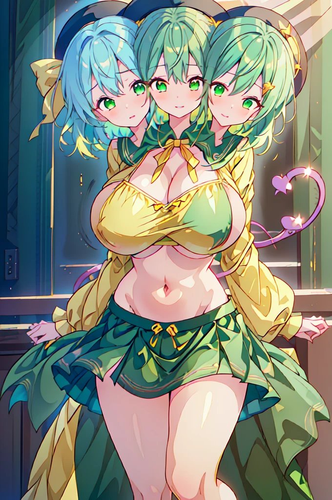 Ultimate Demon Queen, (masterpiece, best)), (1girl), (mature woman), green hair, open-chest seduction, flared, (kemonomimi lady), bangs, medium breasts, (full), slim, smile, [wide hips], standing, 8K picture quality, sexy seduction, (open-chest) (Sharp focus: 1.5), (sharp focus:1.2), (beautiful face:1.1), (eye makeup:1.2), (tight body:1.2), (morning sun lighting:1.2), ((Masterpiece)), (highest quality))), (Character design sheet, national costume, same character, front, side, back), ( Masterpiece:1.2), (Best Quality:1.3) (best quality:1.1) realistic:1.37 long, flowing:1.1 luscious, plump:1.1 sparkling sequins:1.1 subtle, 0.9 soft, warm:1.1 best quality,4k,8k,highres,masterpiece:1.2, realistic,photorealistic,photo-realistic:1.37, ultra-detailed:1.1 busty animal ears, beautiful, detailed ears:1.1 best quality, 4k, highres, masterpiece:1.2 detailed, piercing eyes:1.1 4k, 8k, highres, masterpiece:1.2 very three-dimensional: 1.2 (8k, best quality, masterpiece:1.2 ((masterpiece, best))