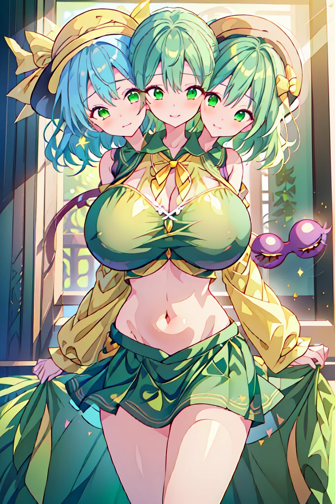 (masterpiece, best quality), best quality, (ultra-detailed), (3heads:1.5), 1girl, (komeji koishi:1.3), masterpiece, best quality, ultra quality, ultra resolution, yellow top, crop top, ((stomach)), midriff, ((groin)), green skirt, normal ears, shackles, mint green hair, very long hair, wavy hair, sidelocks, green eyes, detailed eyes, parted lips, sweat, cute, toned belly, hand on own chest, eyelashes, (24 year old woman:1.3), (masterpiece:1.5), (best quality:1.5), (beautiful detailed extremely detailed CG, extremely delicate and beautiful, depth of field, (finely detailed face), (perfect details:1.2), (mature female:1.3), wide pelvis, slender, large veiny breast, 16k resolution, highres, high quality, high definition, extremely detailed, masterpiece, mint green hair, long hair, alluring presence, braid, short skirt, close up, very big tits, huge tits, young, black headwear, hat bow,