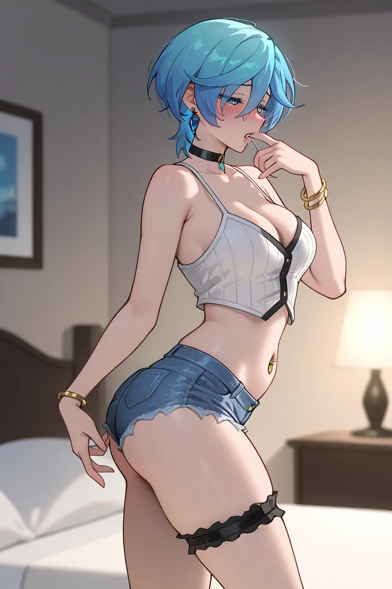 master piece,1little girl,独奏,Blue-haired,short-haired,Hair intake,ripped clothing,Cuffed,chains,anklets,(Knelt:1.3),(all-fours),from the rear,s ass,fluid is coming out of the into the a cage,Bare back,Chain of Chain,bare-legged,