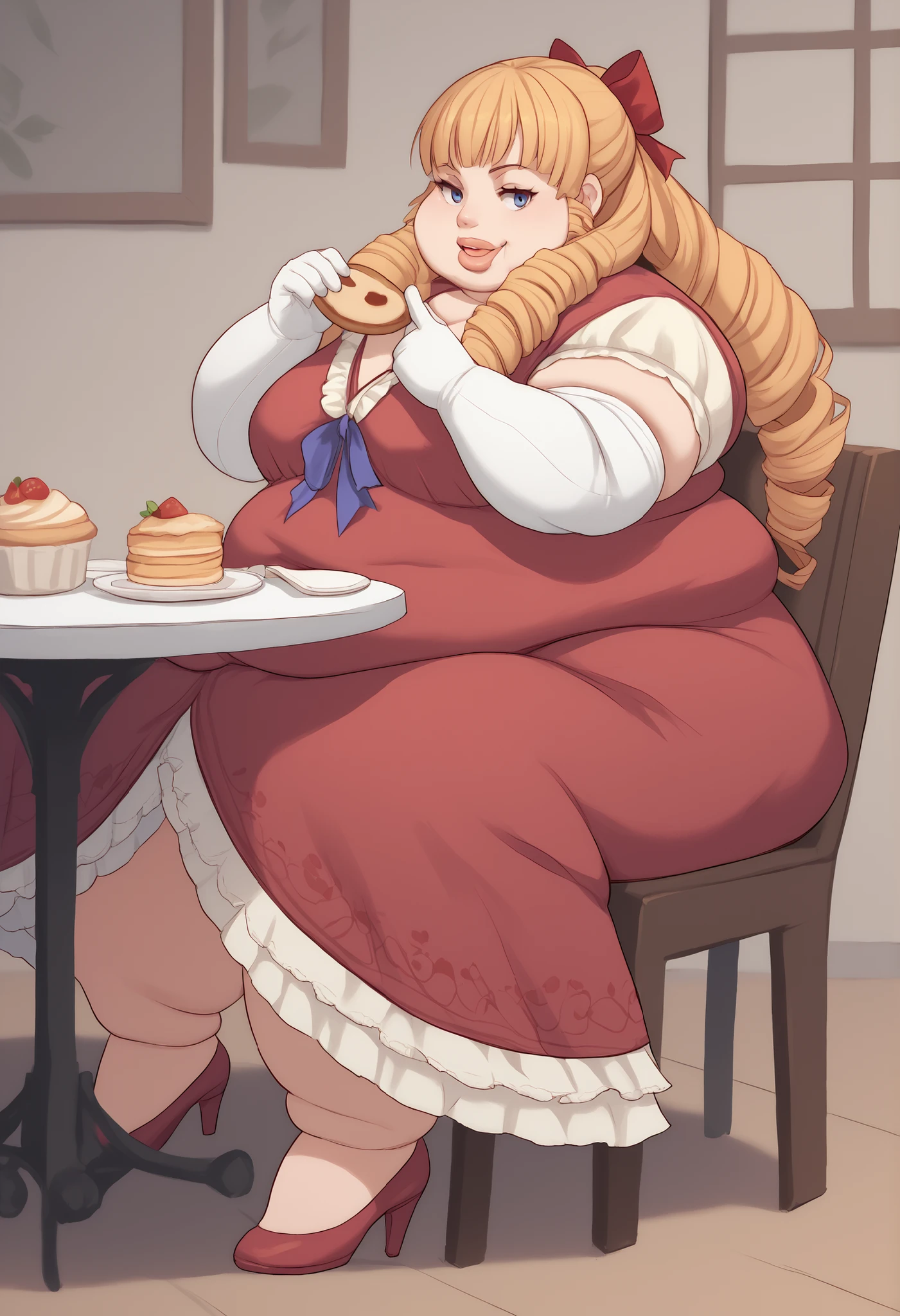 score_9, score_8_up, score_7_up, score_6_up, score_5_up, score_4_up, BREAK source_anime,
1girl, solo, full body shot, looking at viewer, smile, cafeteria, Margarita Dresden, long hair, drill hair, hair ribbon, medium breasts, fat, chubby, obese, thick lips, red dress, frills, elbow gloves, high heels, sitting on chair, open mouth, eating cakes