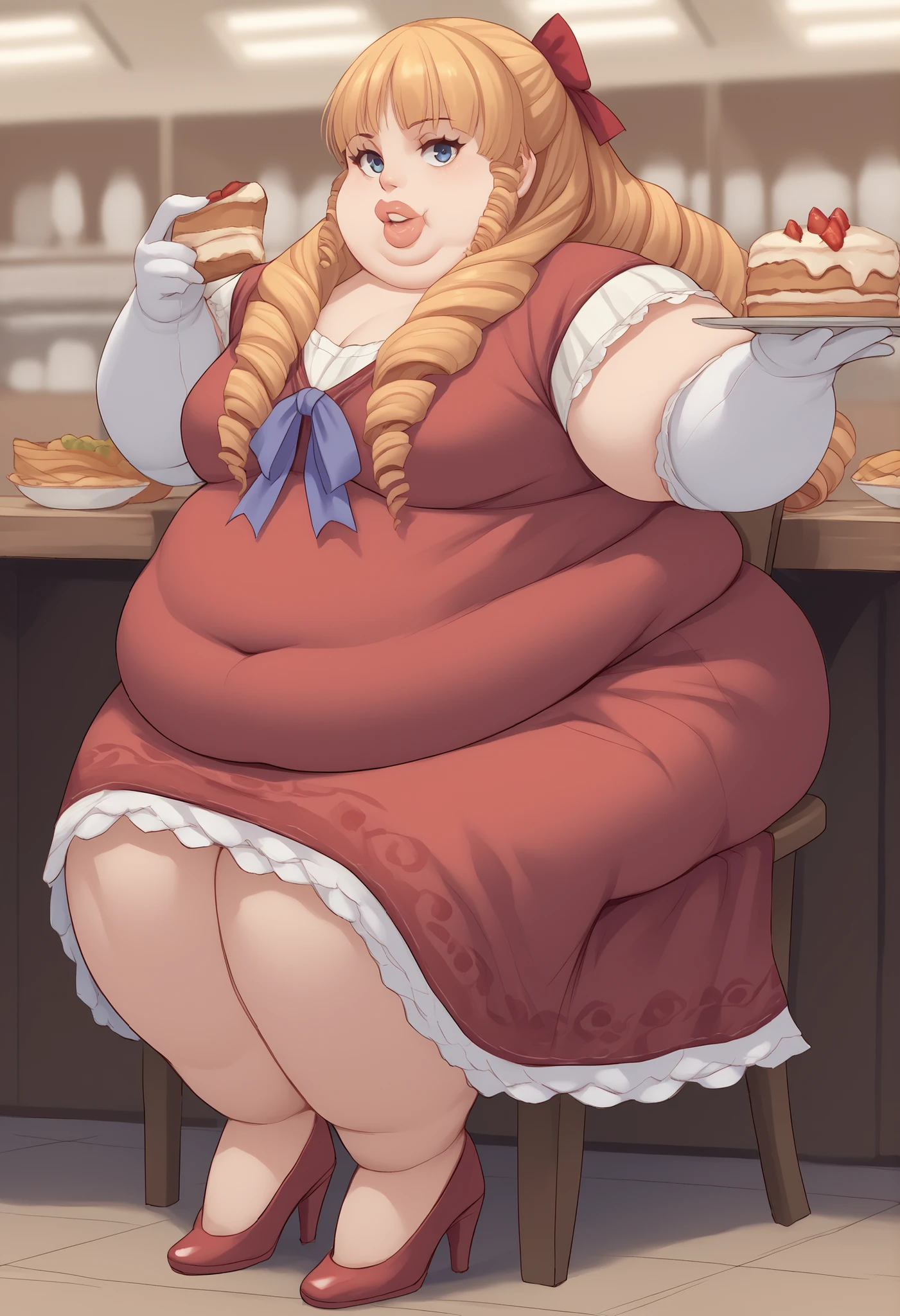 score_9, score_8_up, score_7_up, score_6_up, score_5_up, score_4_up, BREAK source_anime,
1girl, solo, full body shot, looking at viewer, smile, cafeteria, Margarita Dresden, long hair, drill hair, hair ribbon, medium breasts, fat, chubby, obese, thick lips, red dress, frills, elbow gloves, high heels, sitting on chair, open mouth, eating cakes