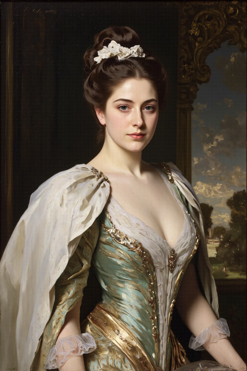 (Constance Bonacieux)++ a beautiful woman, as in the movie (The Three Musketeers D'artagnan)++,
in an white dress with a deep cut in front, dark lips, her eyes is blue, at Buckingham Palace,
The photo is a detailed portrait, resolution art by Viktor Vasnetsov, hyper detailed, volumetric lighting, elegant and highly realistic, UHD, UDR, 32K