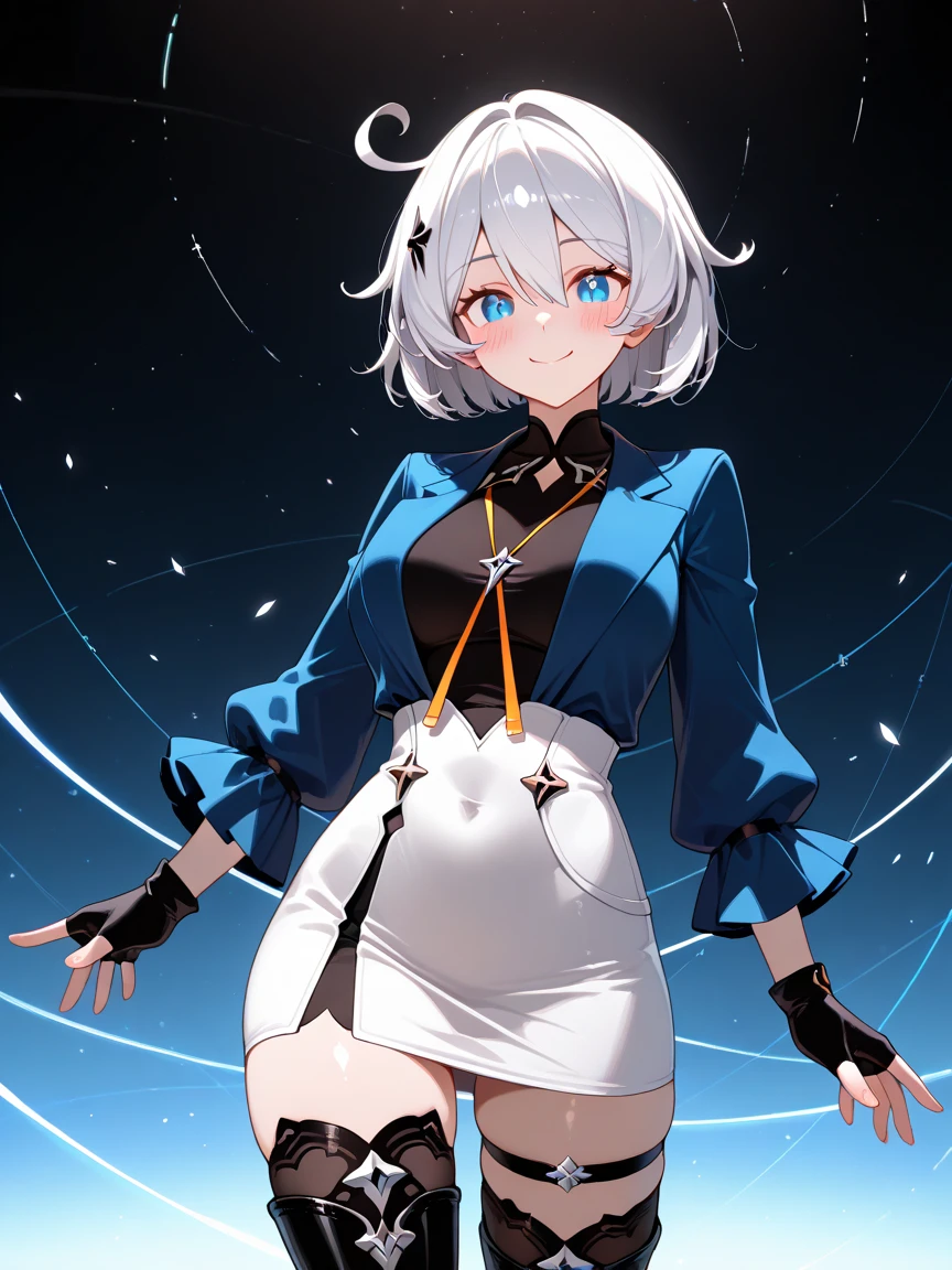high image, super detail, high resolution, anime, manga, illustration, black knee high socks, thighs, knit flare long skirt, oversized outerwear, roll up the skirt, speed line, pretty girl, adult face, make up, ecstatic expression, amorous expression, seductive look, flowing layered messy silver short hair, sparkling big gold eyes, medium breasts, under boob, side boob, great proportion, perfect proportion, slender, full body, fantasy