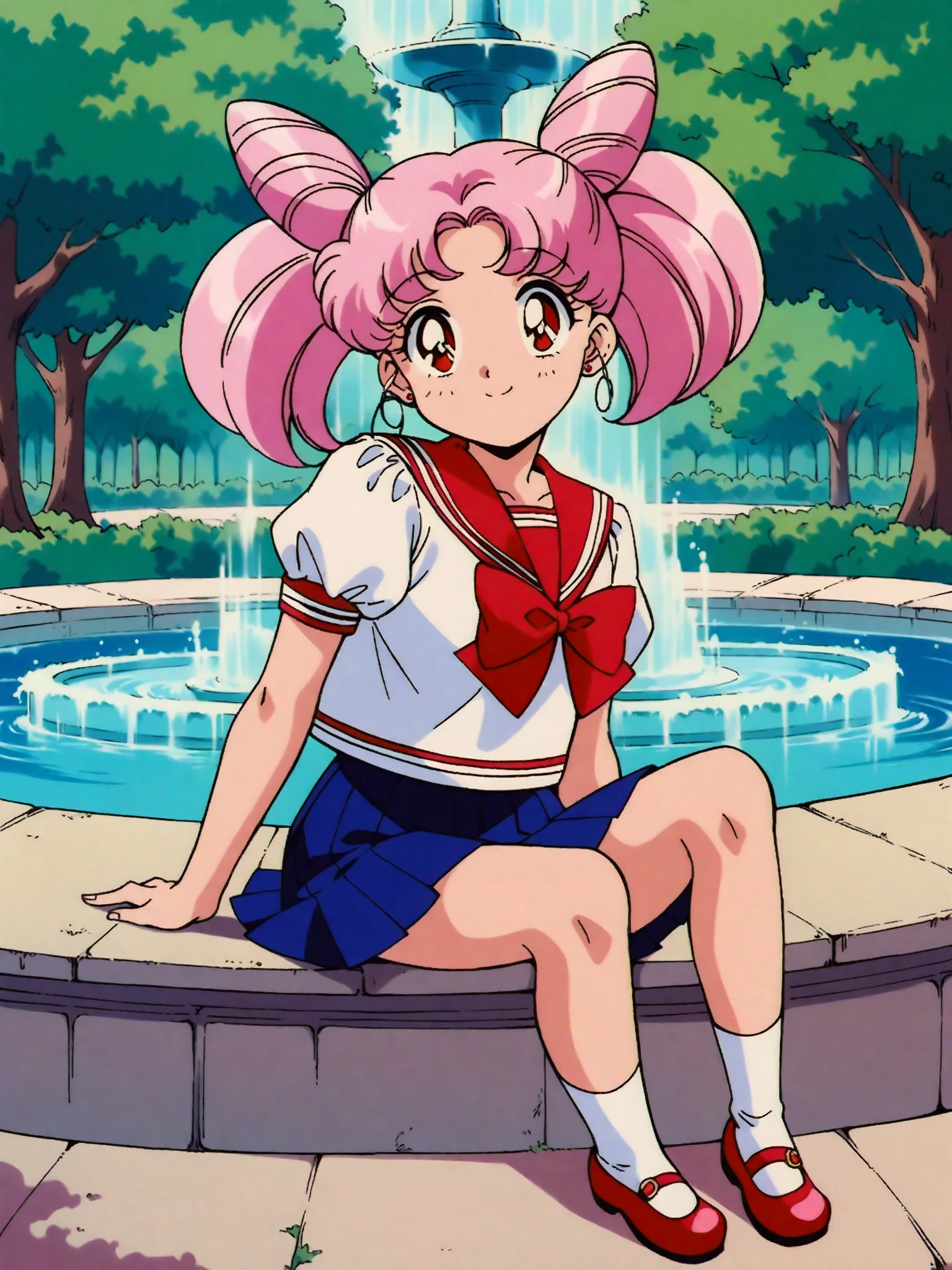 obra maestra, Mejor calidad, absurdos, perfect ???????, 1 chica, Solo, SMMoon, 1990s \(Estilo\), Sailor Chibi Luna Cabello Rosa, agacharse para acariciar a un cachorro, Petting a small dog, Sonrisa, tiro de vaquero, Uniforme Sailor Senshi Rosa, Collar marinero rosa, falda plisada rosa, guantes de codo, en postura de espalda, Show off your loot, backward, No thong booty, cuerpo completo, bending down to pet en postura de espalda, Mirando hacia abajo a un cachorro