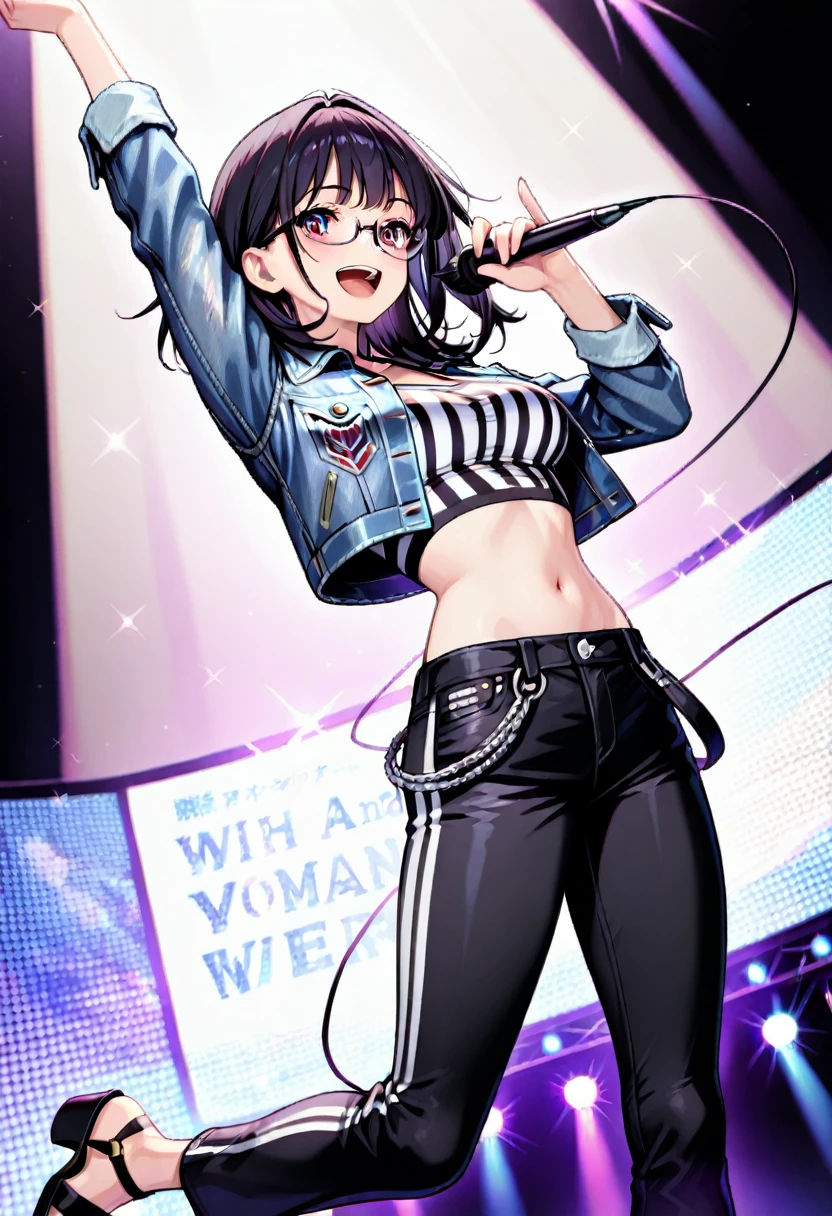 masterpiece, Highest quality, One girl, Upper Body, Jiro, Fine grain, Pink Shirt, Black jacket, Torn clothes, concert, (stage),White panties