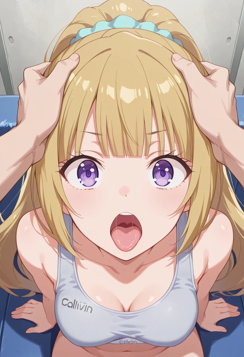 Outdoor,(night),Near hot springs,steam,Rika Jougasaki,Yellow and orange hair hoop, orgasm, blush,open mouth,,(naked),Small breasts,((1boy,ass pov,fellatio,deep throat,Take a deep bite,)),View your viewers,Looking up,cum in mouth,