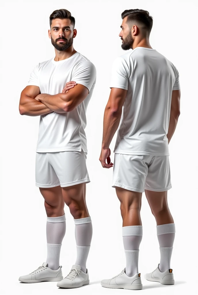 full view full body, one Handsome white european young soccer boy with fresh clea undercut light-brown haircut, muscular, wearing full white soceer suit, cleats, socks, jersey and tight lycra shorts, showing off his big butt in locker roomon  , HQ photo 