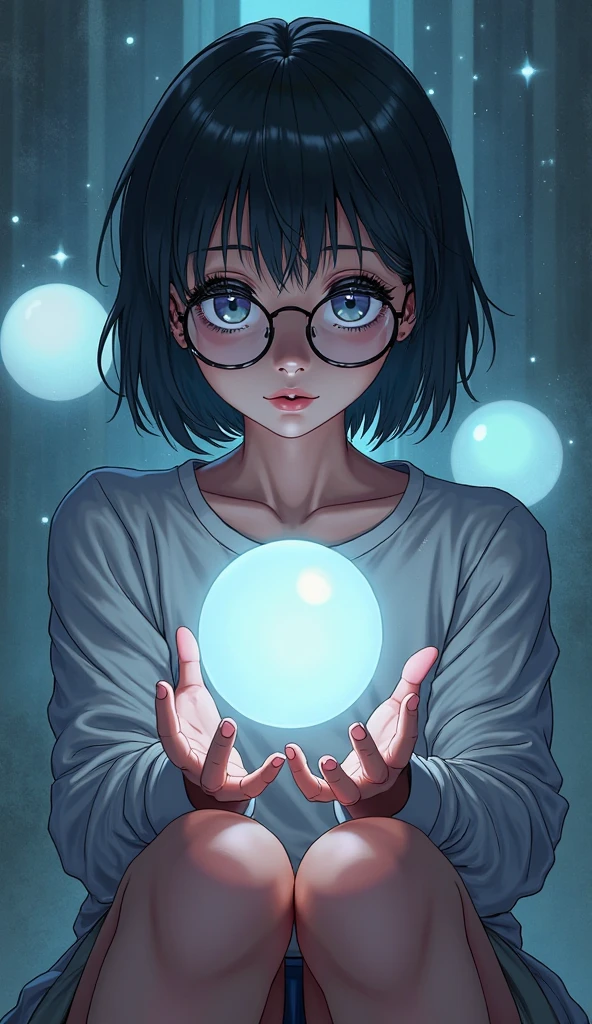 1 girl, Japanese cartoons, Black short hair, Shiny glasses lenses, Keep your mouth shut,poker face, sit, She held a glowing sphere in her hand