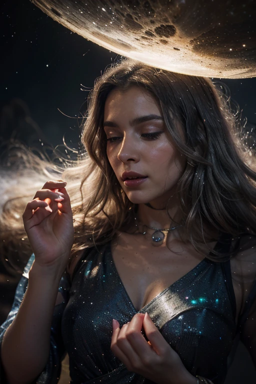 spiritual beings, walking in a spiritual reality, big moon, universe, stars, virtual aesthetic, colorful, golden lights, mystical energy, 1girl, long flowing hair, detailed eyes, detailed face, serene expression, levitating, glowing aura, celestial background, hyper detailed, 8k, photorealistic, cinematic lighting, dramatic colors, moody atmosphere, magical realism