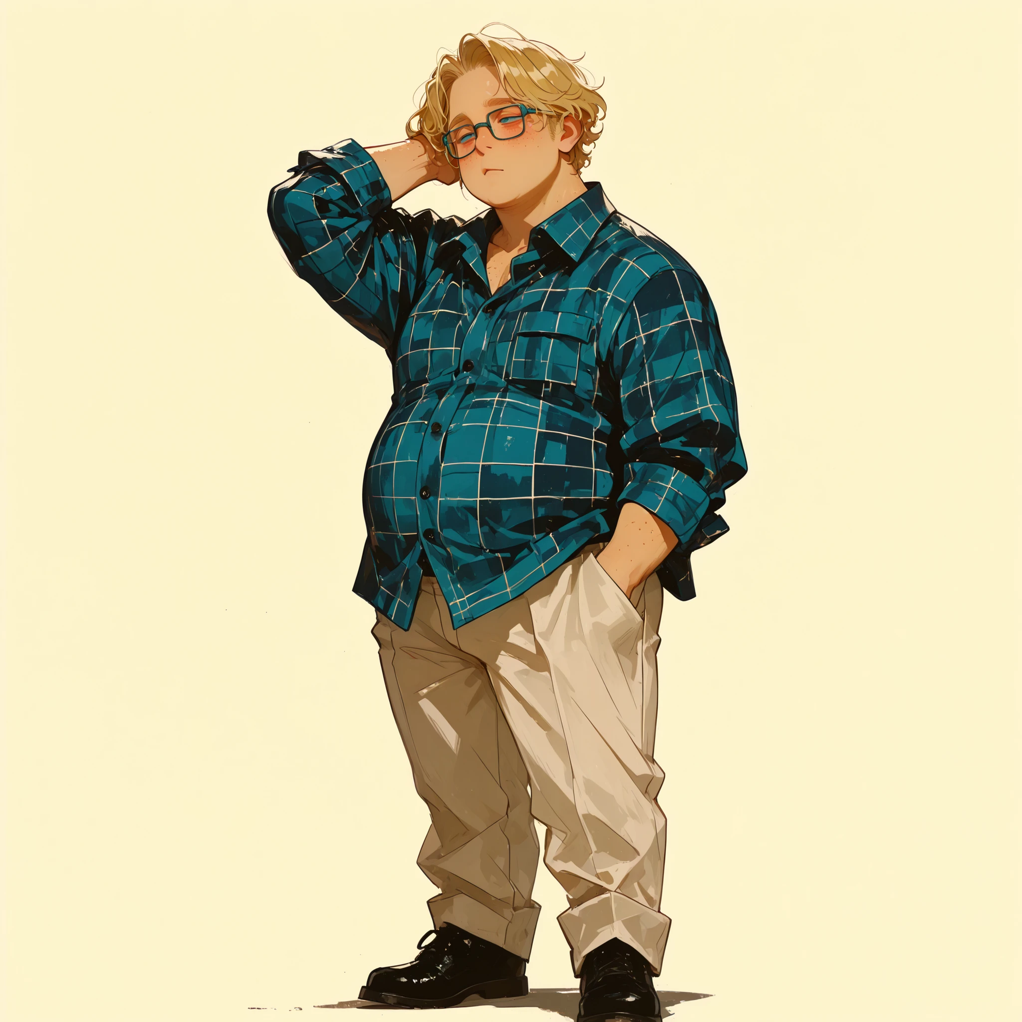 full body, standing, male focus, hand in hair, awkward stoic posture, 1 man, hipster, tareme, nerdy, blue eyes, freckles, square glasses, tucked plaid shirt, white pants, curly blonde hair, aegyo sal, (((masculine,))) ((fat)), (((detailed eyes,))) masterpiece, best quality, cinematic lighting, highly detailed, details, ultra quality, HDR, 8k, lazypos, amazing composition, blank background