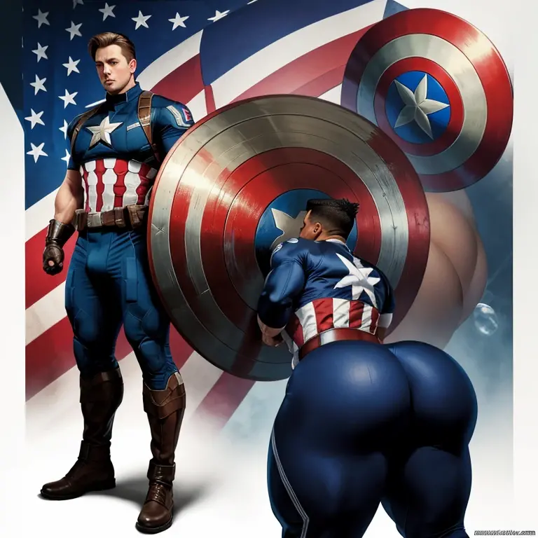 Male Captain America with a comically massive ass, huge butt, mega glutes, big ass, round ass, giant ass, wide ass, in Captain America uniform, huge ass, giant butt cheeks, America’s ass, thicc, thick ass, thick legs, guy with bubble butt, boy bubble butt