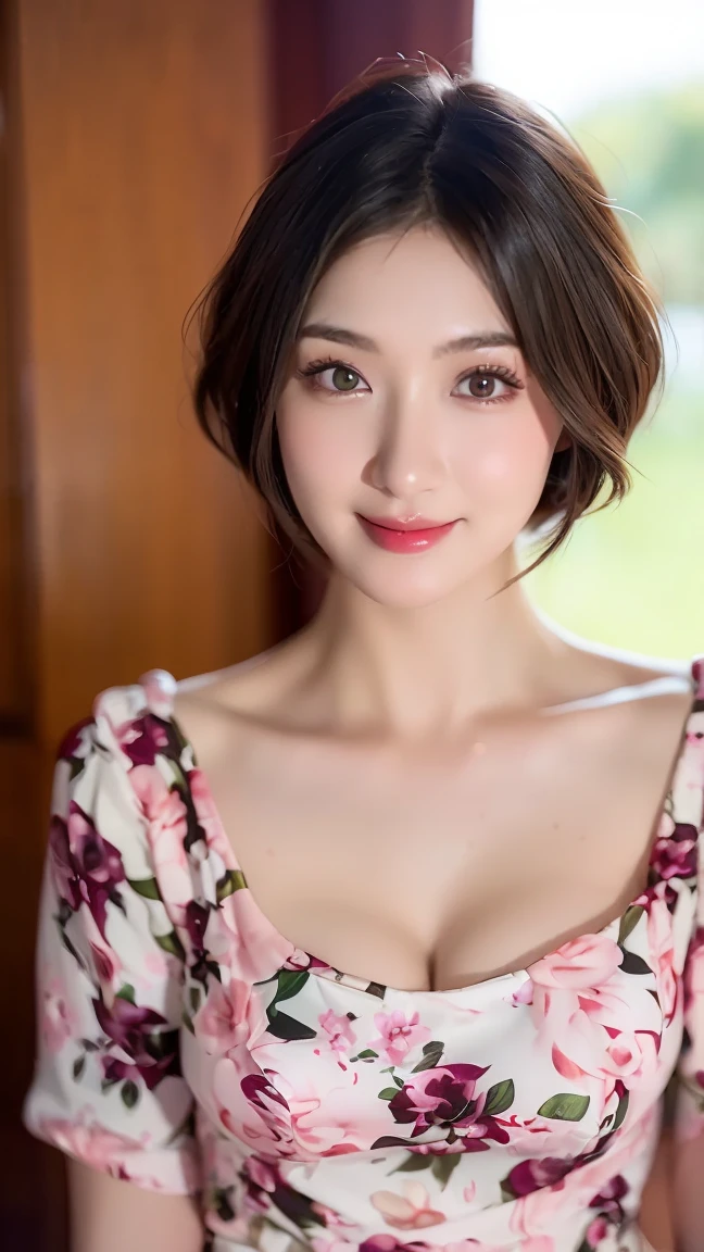 (Surrealism), (high resolution), (8k), (Very detailed), (best illustrations), (Beautiful and detailed eyeshadow and sparkling eyes), (Top quality), (Ultra Detailed), (masterpiece), (wallpaper), (Delicate face), (beautiful smile)、(beautiful expression)、Solitary、Station 3D shape、(((Place your hands behind your body))),(((Cowboy shooting)))、(((((Big red small)))))、(((((Big red small)))))、((baby face))、(((G cup large!!!)))、((Large chest))、(((Huge breasts on the verge of bursting!!!)))、, Chubby body、Sculpting Model、Painful posture、Sexy looking man、(R-18), Looking at the camera、Short hairstyle、Light brown hair、Heavy makeup、((Attractive figure))、(Bright red lipstick)