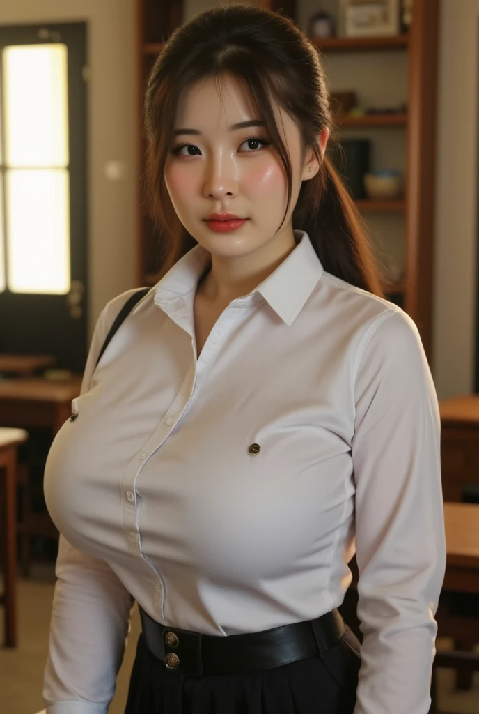 (Best quality,masterpiece,ultra detailed,8K,RAW photo,realistic,high resolution:1.2),(Pretty Japanese girl),(Super huge tits:1.4),(light brown hair),(dress shirt,pencil skirt:1.4),(voluptuous:1.4),(shoulder length),(light smile),(chubby:1.4)