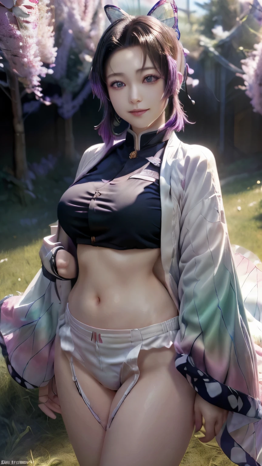 Ultra-realistic 8k CG,masterpiece,((ultra-detailed background, delicate pattern, intricate details)),best quality,very detailed face,extremely detailed eyes and face,extremely detailed eyes,kochou shinobu,multicolored hair,no bangs,hair intakes,purple eyes,forehead,black shirt,black pants,haori,butterfly,buttons,belt,(Garden:1.2),purple flower,chibi,cloudy sky,sunlight,Tindal effect,gradient_sky,face,Gorgeous sky,Waist Sabre,Charming posture,