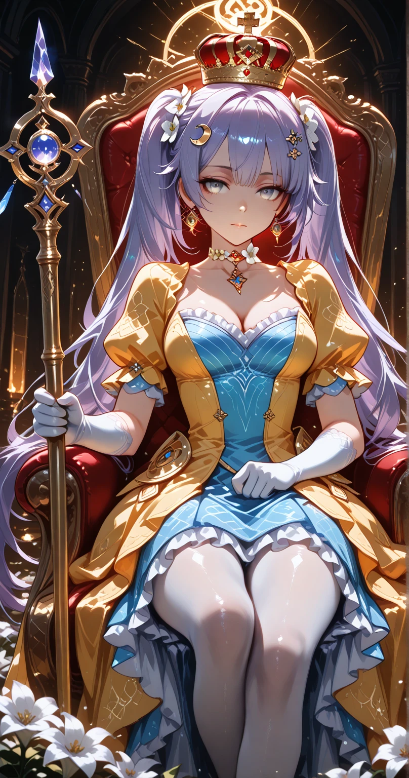 ((anime artstyle)),(Masterpiece),(Best Quality), (Super Detail),((Very Delicate and Beautiful)),(((Solo))),((full body)),(((milf))),(((1 queen in beautiful embroidery and jeweled gorgeous rococo ball gown dress with voluminous full length hoop skirt))),sitting on the throne,(bling-bling),Long train,(((sitting on the gorgeous throne in the throne room,holding a scepter in one hand))),(bling-bling gorgeous gemstone jewelry),detailed face and eyes,jewel-like eyes,seductive smile,((large amount of straight hair,extremely voluminous Very Long Hair,Very Long Straight Hair)),(((gigantic tits,Long tits))),cleavage,(gorgeousfull embroidery and lace),gorgeous corsage,See-through,extremely gorgeousfull hair ornament,(bling-bling extremely gorgeousfull jeweled tiara),ornate ruffles,(hoop skirt,crinoline),((Dynamic Angle)),Looking at viewer,((full body)),((beautiful embroidery and jeweled extremely gorgeous rococo ball gown dress with voluminous full length hoop skirt))