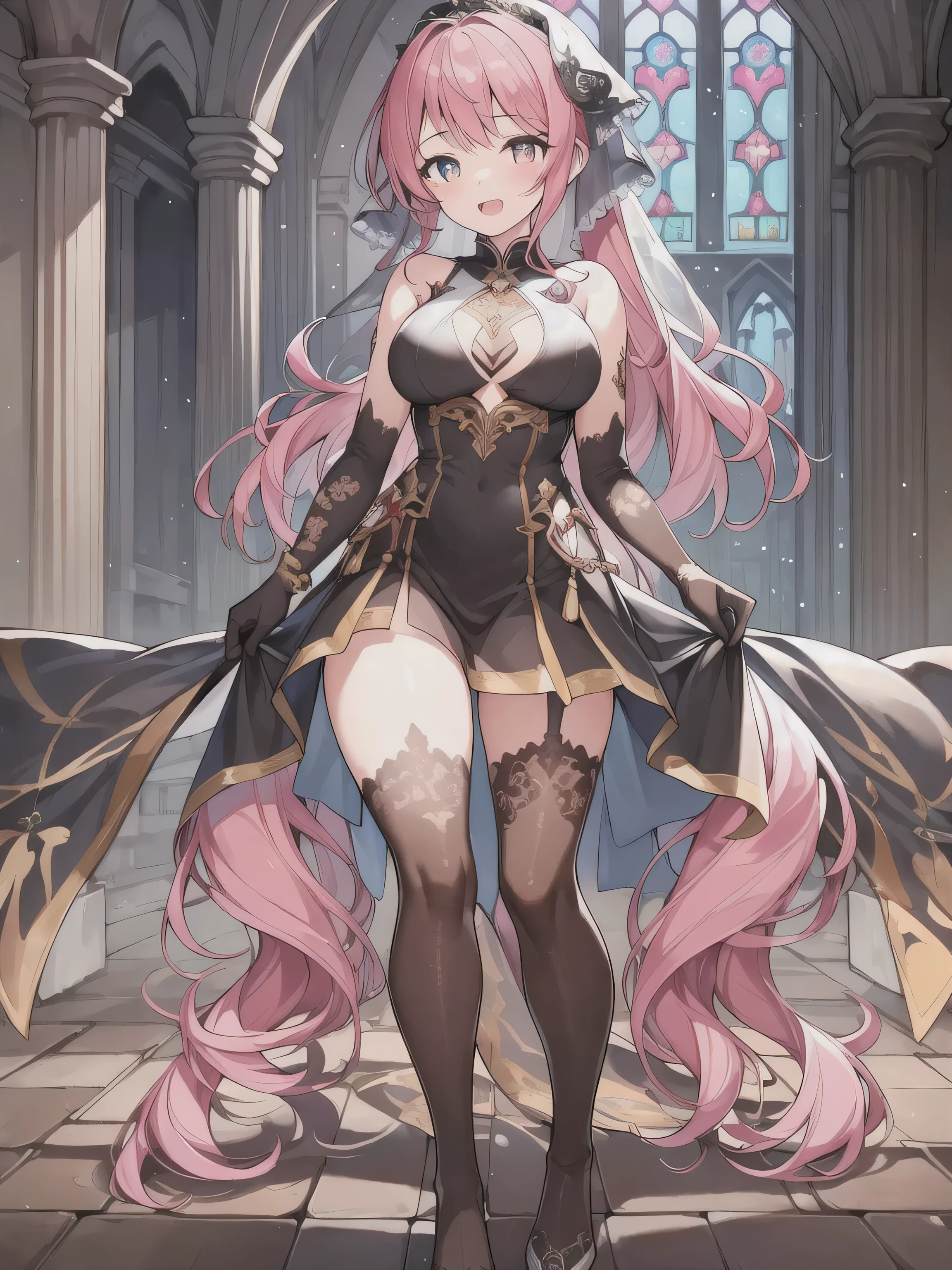 female, silver messy long hair, red eyes, tanned skin, (((1girl))), (((black sleeveless regal dress with pink trim))), (black opera gloves), (pink stockings), (black knee high heeled boots), (gold ornate crown), cute and sexy, full body, big breasts, long legs, smiling, cleavage