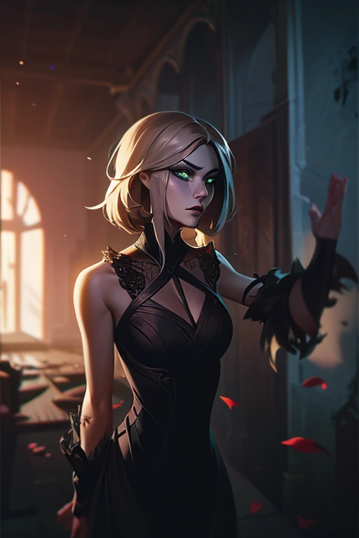 A ((full-body shot)) of a beautiful blond elven woman in her 30s, with blue eyes and striking features, exuding maturity and allure in a seductive pose.(dark background), dark gotic atmosphere , gotic makeup, pointy ears, 